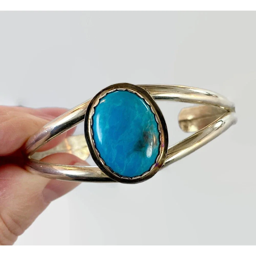 Vintage Turquoise Sterling Silver Cuff Bracelet: Native American Boho Jewelry